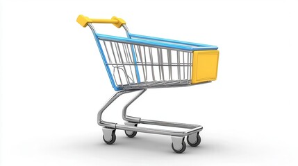 Empty blue and yellow shopping cart on white background.