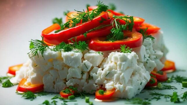 A feta rectangle adorned with sliced peppers and chopped herbs