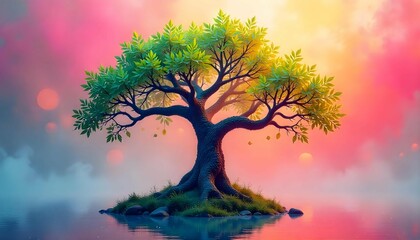 A large tree with multiple branches and leaves. The branches are arranged in a way that creates a sense of depth and dimension. The leaves are scattered around the tree.