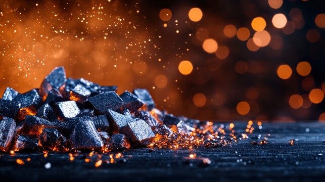 A stunning industrial abstract of shimmering raw metal ores scattered across a workbench, ready for refinement, with copy space