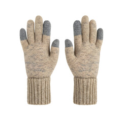 A pair of knitted wool gloves in neutral colors, placed side by side, warm and cozy appearance, on a clean white background, perfect for winter-themed designs.