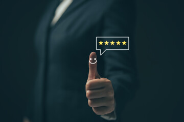 Concept of customer satisfaction. Businessman evaluating service quality online. Impression rating. Excellent service.Evaluating impressions and giving recommendations.