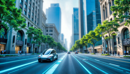 Obraz premium Silver autonomous electric car on urban road with blue neon pathway markers between rows of green trees and modern skyscrapers. Futuristic compact sedan in downtown smart city with sustainable