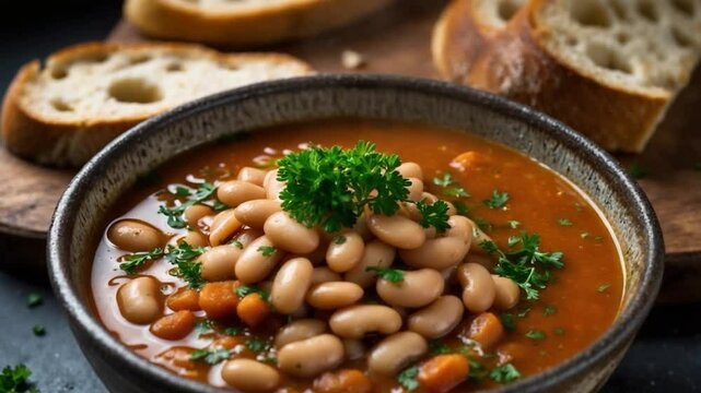 A cozy and hearty legume soup presented in a rustic bowl, adorned with beans, garnished with fresh parsley and slices of toasted bread. Homely atmosphere, winter comfort food ideas