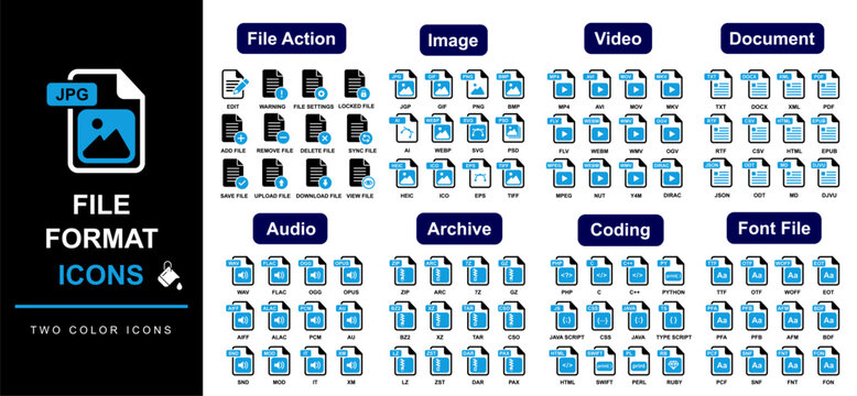 File extension icons big collection. Popular files format including image, video, audio, document, archive, programming, font file type. jpg, png, mp4, mov, txt, docx, wav, ogg, zip, arc, php, ttf 