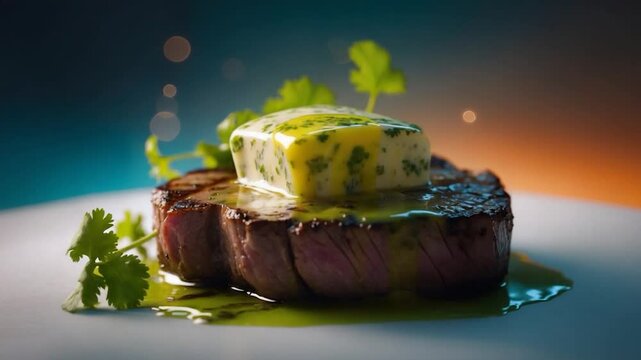 A dollop of garlic cilantro lime butter atop a steak