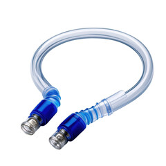 Oxygen tubing hose with connector for controlled oxygen, closeup isolated on white background.