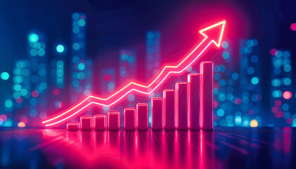 Neon pink bar graph with upward trend line against blue bokeh cityscape background. Financial growth chart with ascending analytics data. Economic market visualization displays rising profit