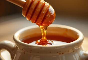 Golden Manuka Honey Drizzle: A Close-Up of Pure Honey Dripping from a Wooden Dipper into a Creamy White Mug