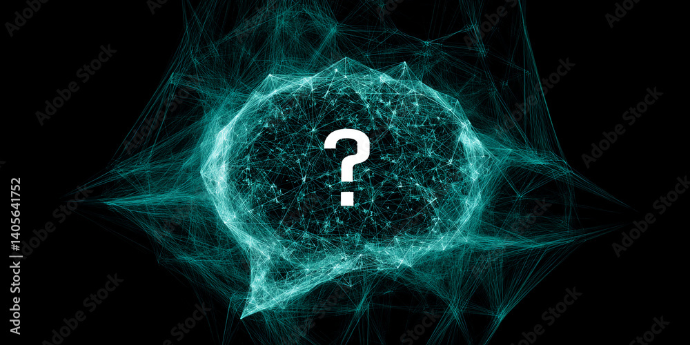 Poster Teal network structure encloses question mark, suggesting uncertainty or search for answers, suitable for technological or inquisitive themes