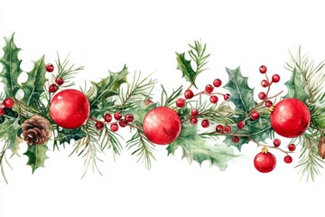 Festive Christmas garland. Watercolor sprigs, holly, pine branches, red baubles, and berries create a beautiful holiday border