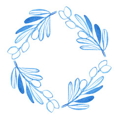 Watercolor hand drawn olibe branch. Linear brush drawn olive brunch with leaves and olive. Use as print, poster, invitation, element design, textile, package, clothes print, stickers.