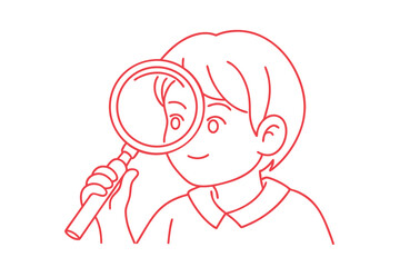 Fototapeta premium Young Boy Investigating With A Magnifying Glass Simple Red Line Art