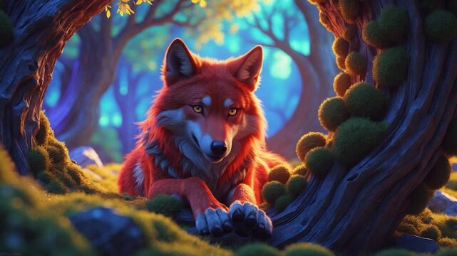 A red wolf resting behind a log