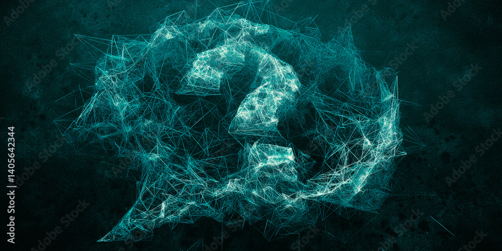 Poster abstract teal geometric design resembling a network or constellation, set against a dark textured ba