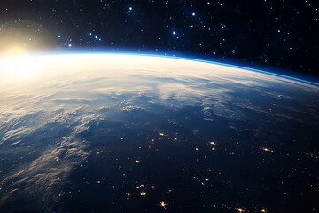 Fototapeta premium Majestic Sunrise Over Earth Seen From Space – Glowing Horizon, Planet Atmosphere, and Outer Space View