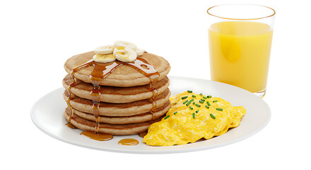 A breakfast plate with pancakes, scrambled eggs, and orange juice placed on a white background looking fresh, hearty, and perfect for a rich morning meal.