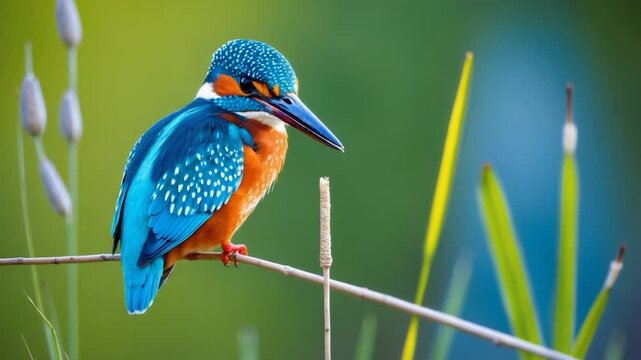 Charming vibrant kingfisher with blue plumage perched on slender cattail amidst a green natural backdrop
