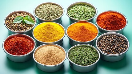 Herbs and spices in metal bowls