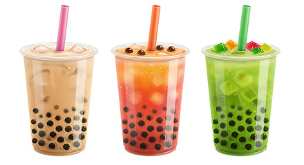 Three cups of colorful bubble tea with different flavors placed on a white background looking fresh, vibrant, and perfect for sweet refreshing drinks.