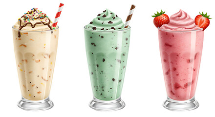 Three milkshakes in strawberry, mint, and vanilla flavors served in clear glasses with cream and toppings on a white background looking delicious and refreshing.