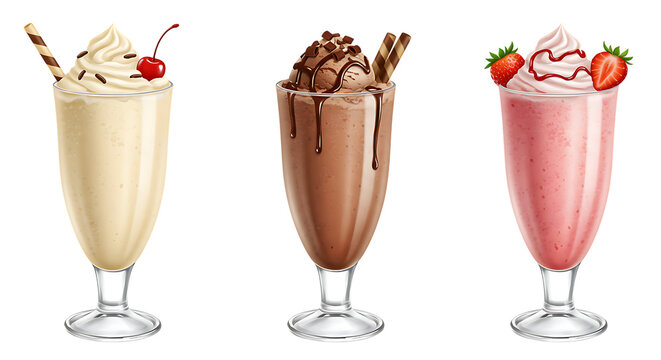 Three milkshakes in vanilla, chocolate, and strawberry flavors topped with cream and cherries served in transparent glasses on a white background looking delicious.