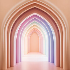 A luminous, dreamy arch portal with a mesmerizing gradient of pastel colors, ranging from soft peach to pale lavender, against a calming, creamy tan background that evokes a sense of serenity, with th