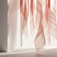 Ethereal, wispy linear strokes in a delicate dance, suspended in a gentle harmony of soft coral and creamy hues, set against a clean, minimalist modern background, evoking a sense of serenity and soph