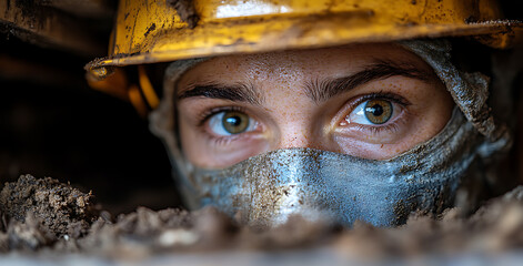 Fototapeta premium Close-up portrait of a female worker, her determined gaze emerging from a construction site, wearing a protective helmet and mask, showing resilience and strength in her profession.