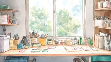 Bright and Cozy Art Studio with Sunlight and Creative Supplies