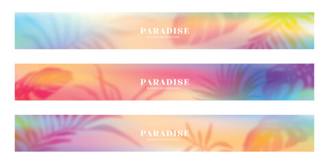 Set of horizontal summer banners with gradient background and blurred tropical leaves. Bright colors, modern trendy design. Perfect for websites, social networks and promotional materials.