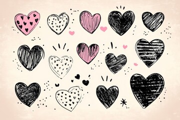 Hand-drawn heart collection in various styles.  Diverse designs of hearts with different textures.  Doodle-style hearts in black and pink