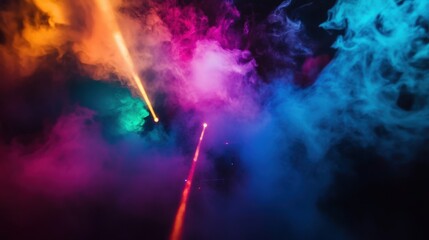 A vibrant nightclub with laser lights cutting through the smoke, highlighting a DJ in action, with copy space