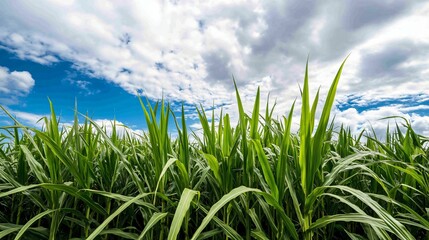 Obraz premium Agriculture landscape at farm dawn with sun rise hues, aerial view of sharply textured sugarcane rows, radiant sky glow from white clouds casting soft leaf shadows, vibrant fields, Ultra HD