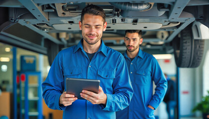 Two mechanics in blue uniforms under vehicle lift in automotive workshop. Smiling technician using tablet for digital diagnostics while colleague observes. Professional auto service teamwork