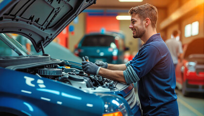 Smiling mechanic in blue uniform inspecting engine of car in auto repair garage. Technician with tools performing vehicle maintenance and diagnostics. Professional automotive service worker checking