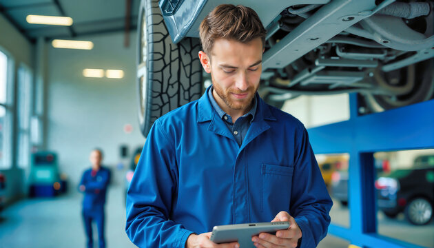 Mechanic in blue uniform checking tablet under elevated vehicle in automotive garage. Professional technician using digital diagnostics tool at car service workshop. Auto repair expertise