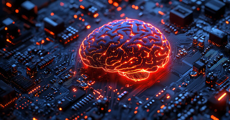 An abstract representation of a human brain intertwined with circuits, conveying a sense of technology and intelligence.