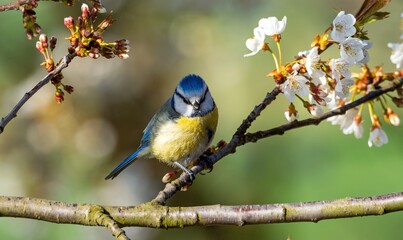 Obraz premium Blue tit on a tree branch, spring in Poland