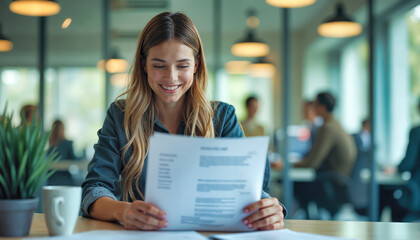 Smiling businesswoman reading document in modern office workplace. Young professional female with blonde hair reviewing paperwork at desk with plant and coffee cup. Confident career woman focused on