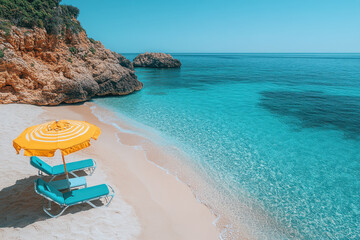 Two sunbeds and yellow beach umbrella inviting to relax on tropical white sand beach