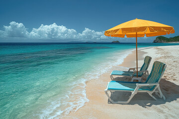 Two beach chairs and yellow beach umbrella inviting tourists to relax on sandy tropical beach
