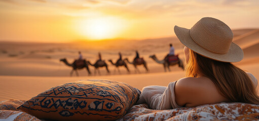 Tourist watching camel caravan at sunset in desert
