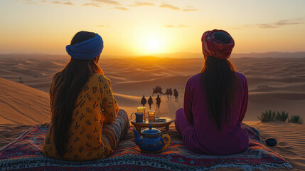 Tourists enjoying berber whiskey and sunrise in sahara desert, morocco