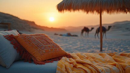 Relaxing desert sunset view with camels passing by under straw umbrella