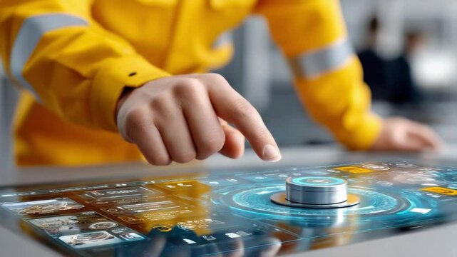 Industrial Control Panel: A worker's hand reaches out to adjust a dial on an advanced industrial control panel.