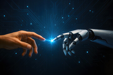  Human hand touching robotic hand with electric spark between fingertips on digital circuit background. Conceptual studio illustration. Human and artificial intelligence connection concept.