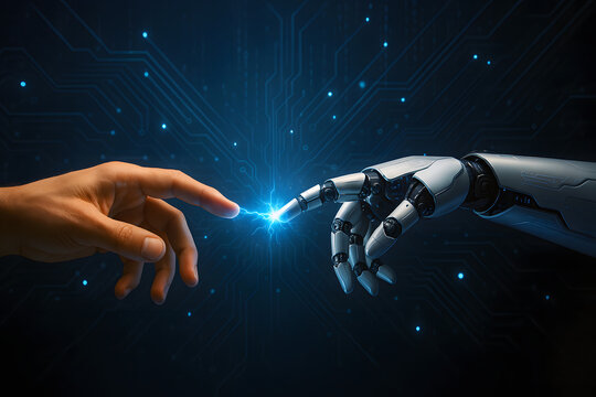  Human hand touching robotic hand with electric spark between fingertips on digital circuit background. Conceptual studio illustration. Human and artificial intelligence connection concept.