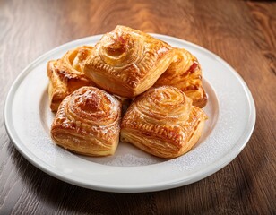 delicious puff pastries in a white plate on a wooden table selective focus