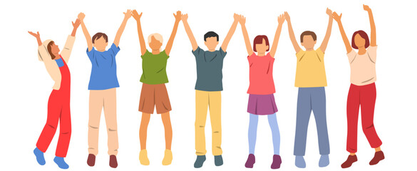 Set of boys and girls standing, hands up, in t-shirts; cartoon character, business people, group, vector silhouettes, flat designe icon, different colors, isolated on white background